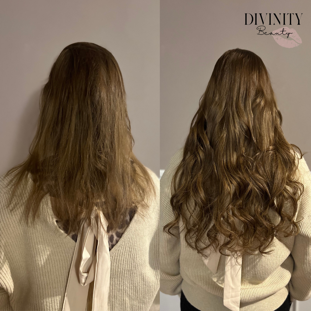 Før og efter – hair extensions hos Divinity Beauty i Horsens