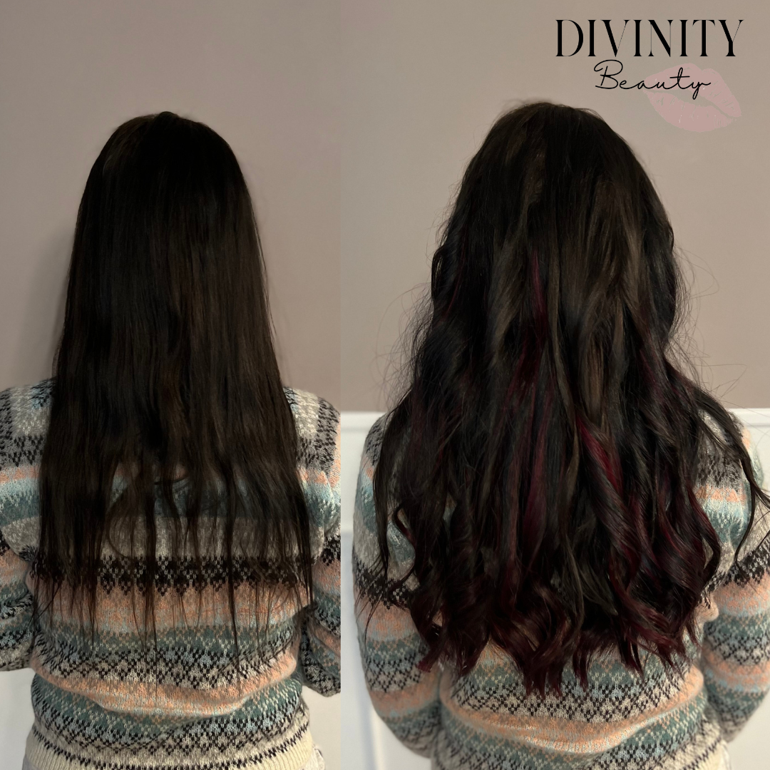 Før og efter – hair extensions hos Divinity Beauty i Horsens