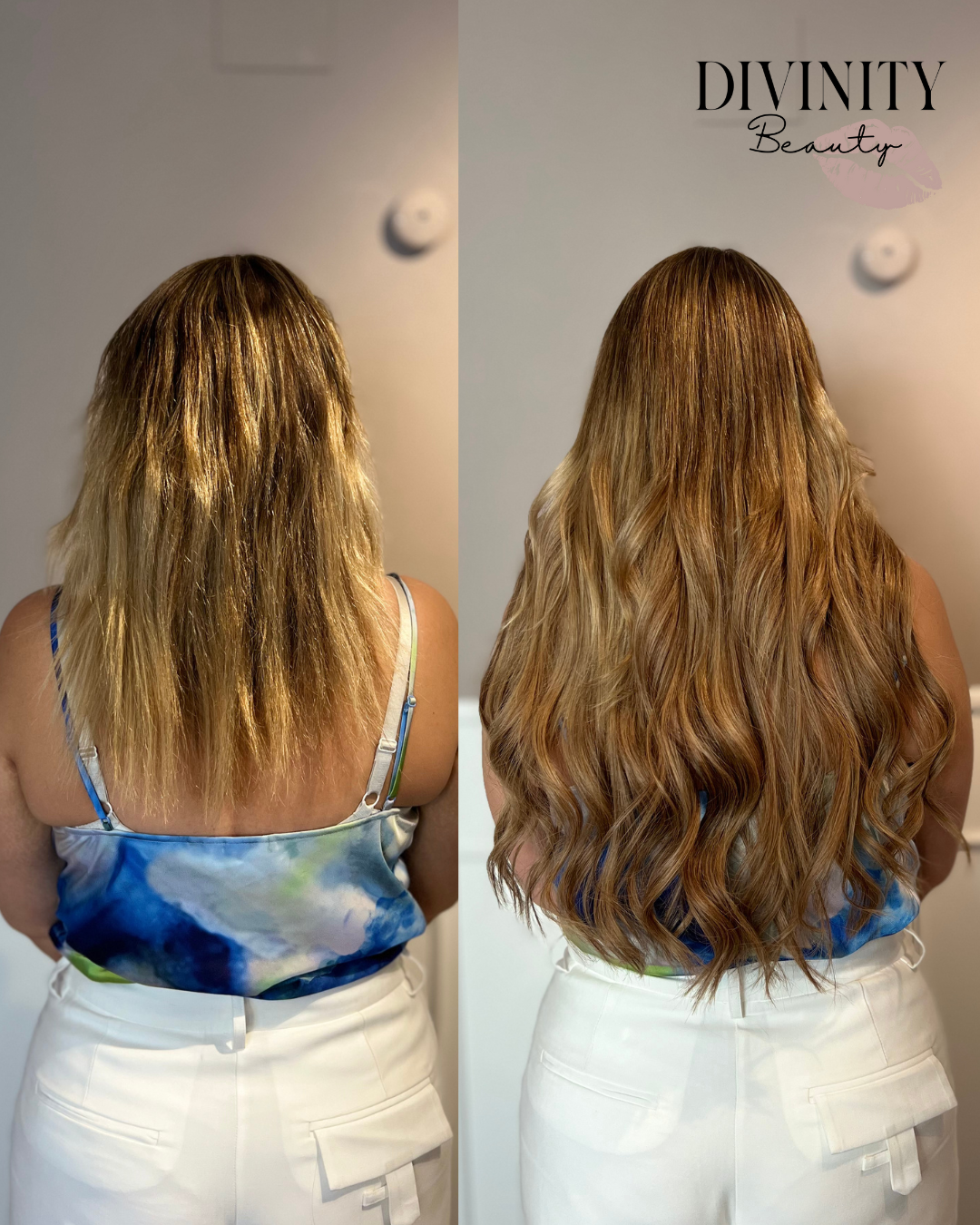 Før og efter – hair extensions hos Divinity Beauty i Horsens