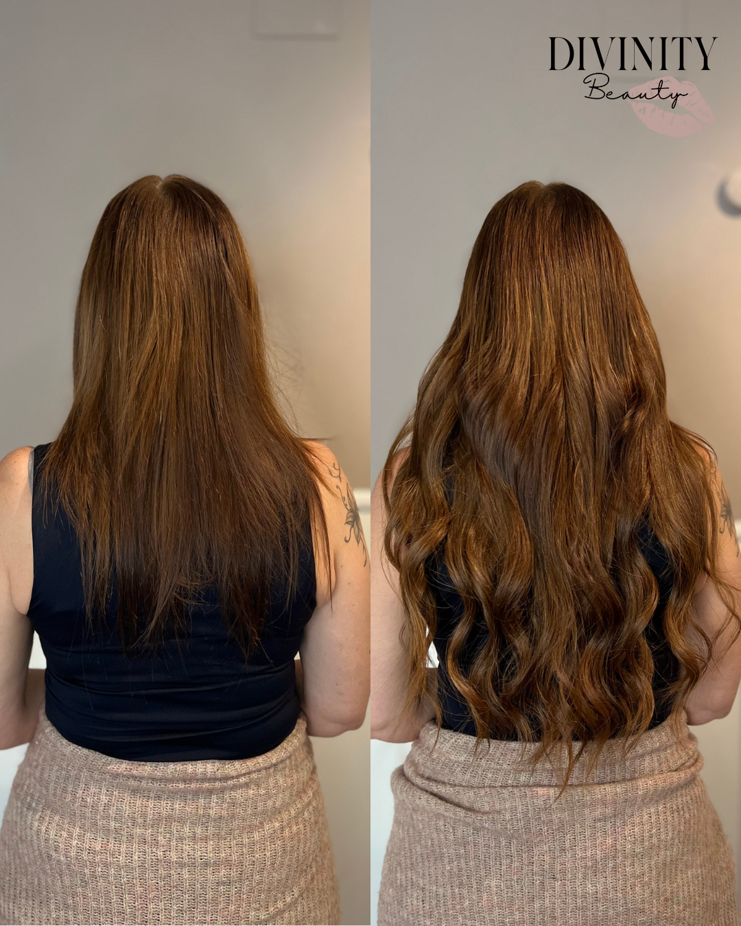 Før og efter – hair extensions hos Divinity Beauty i Horsens