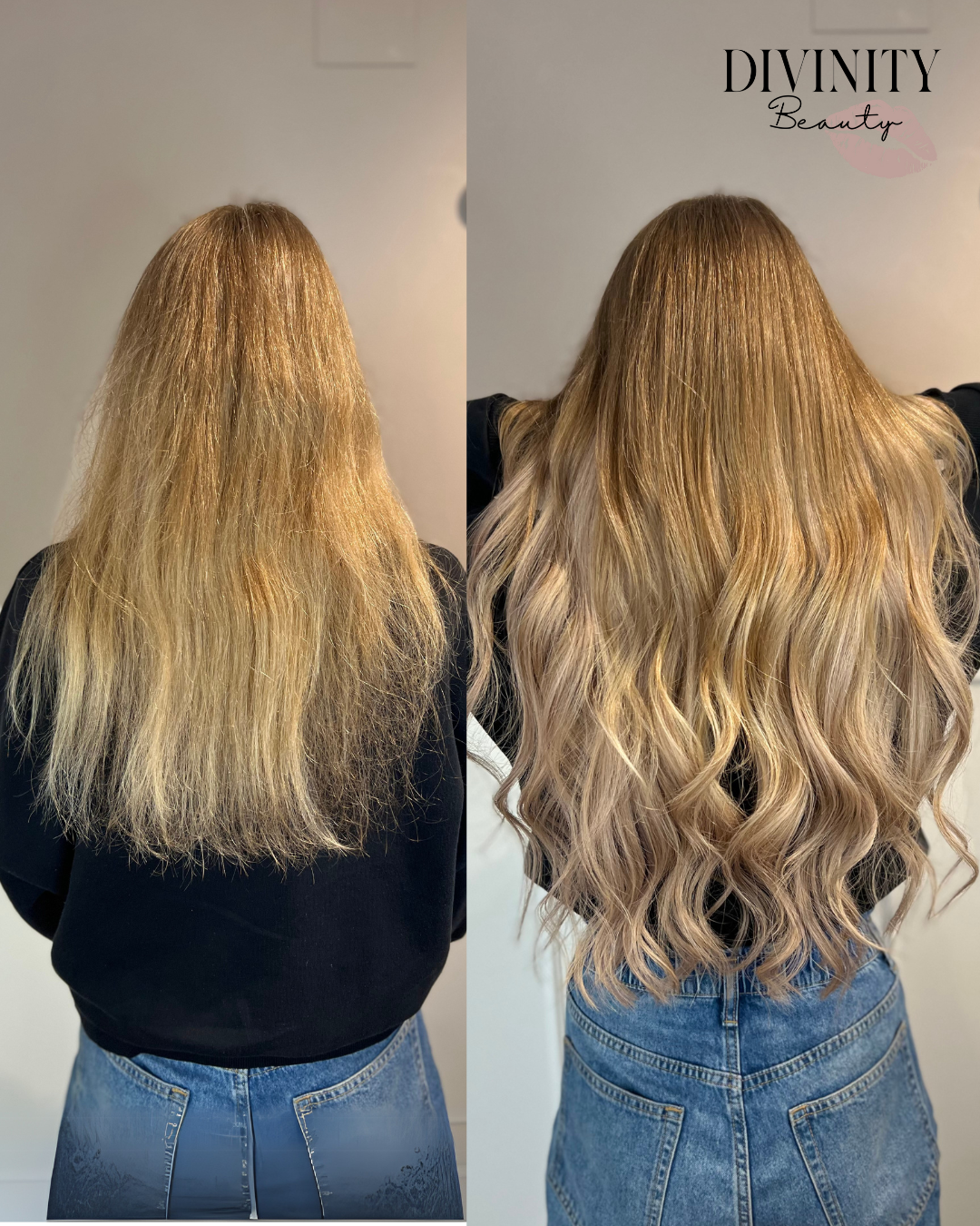 Før og efter – hair extensions hos Divinity Beauty i Horsens
