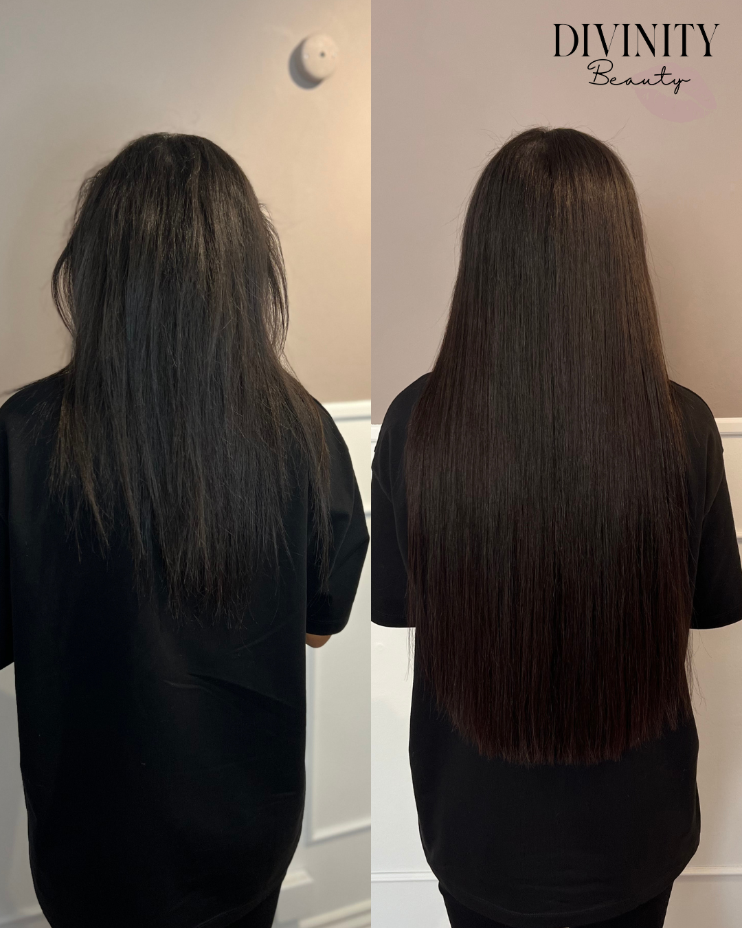 Før og efter – hair extensions hos Divinity Beauty i Horsens