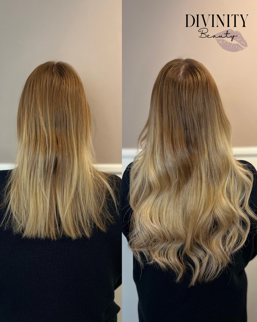 Før og efter – hair extensions hos Divinity Beauty i Horsens