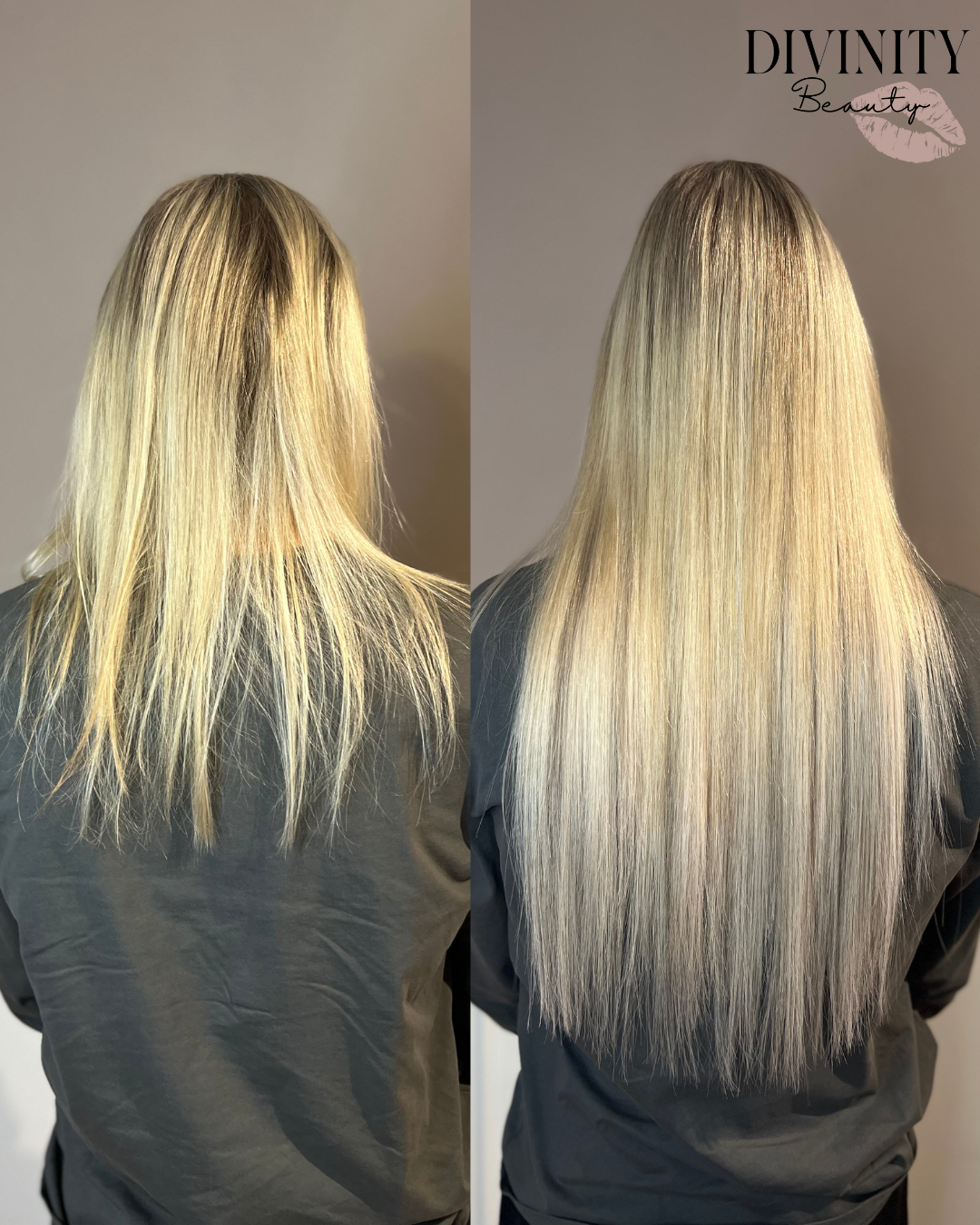 Før og efter – hair extensions hos Divinity Beauty i Horsens