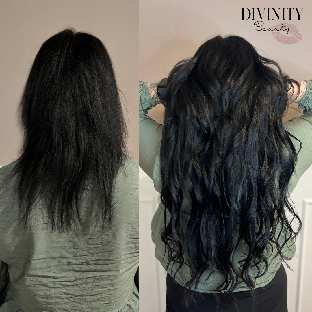 Før og efter – hair extensions hos Divinity Beauty i Horsens