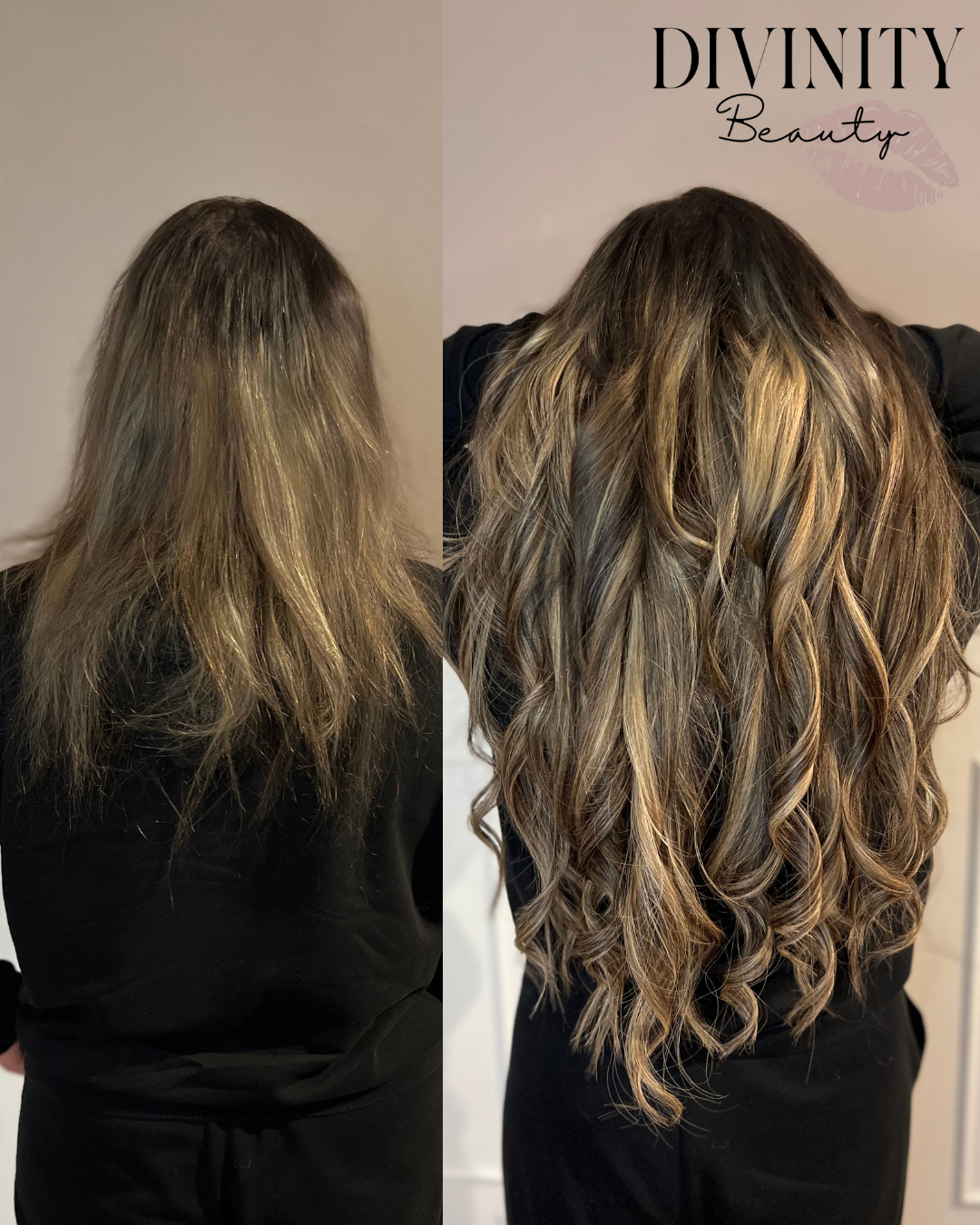 Før og efter – hair extensions hos Divinity Beauty i Horsens