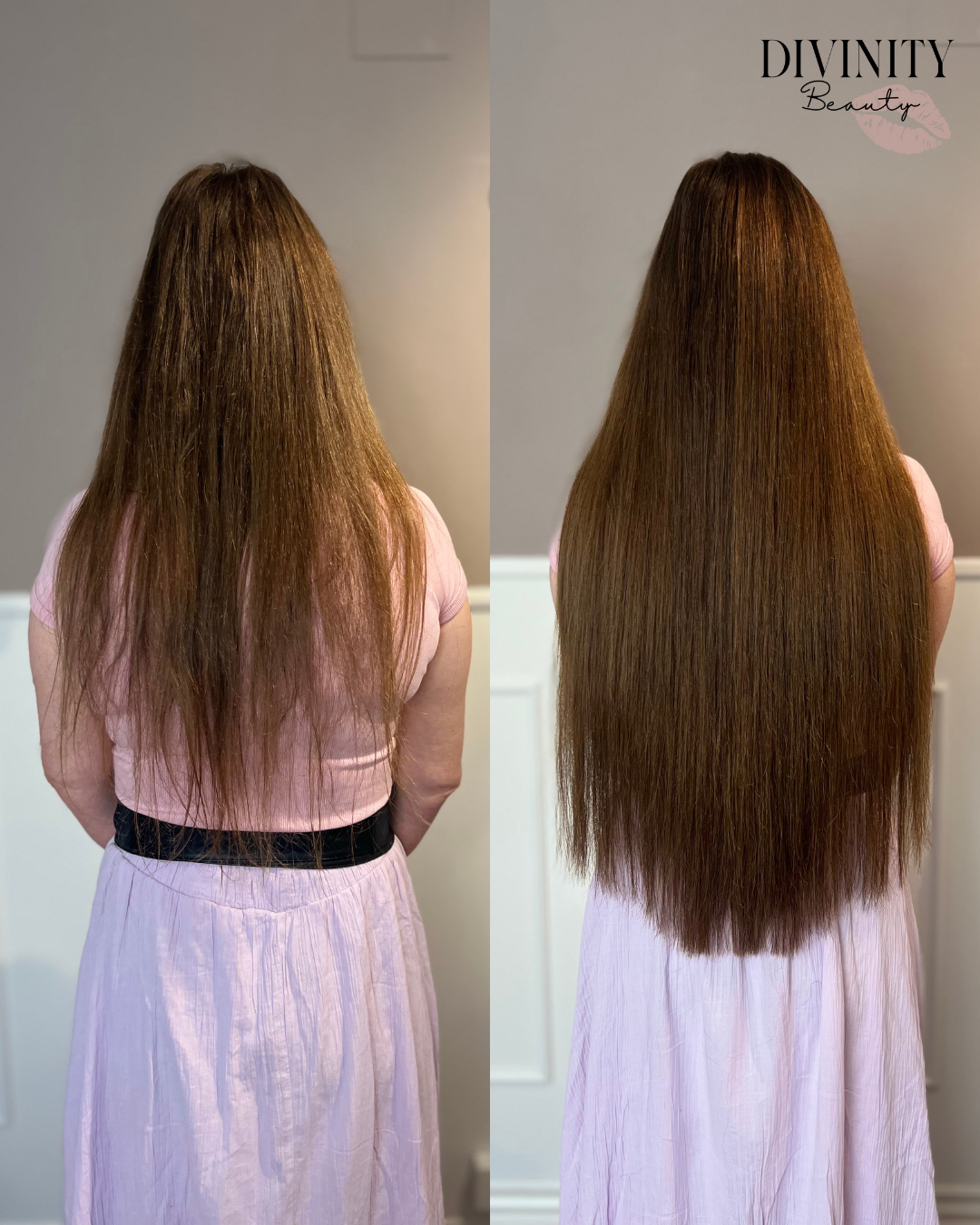 Før og efter – hair extensions hos Divinity Beauty i Horsens